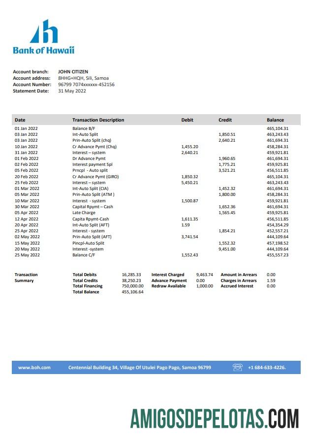 Samoa Bank Of Hawaii extrato bancário amostra